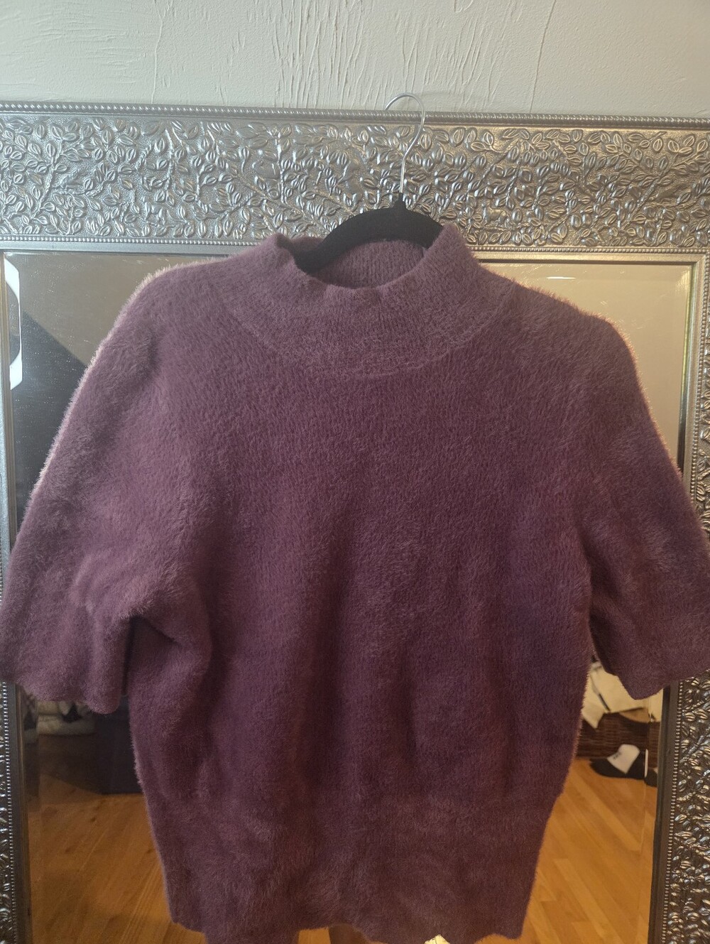 Marled Faux Soft Faux Fur Fuzzy Mock Neck Short Sleeve Sweater Plum Purple Large